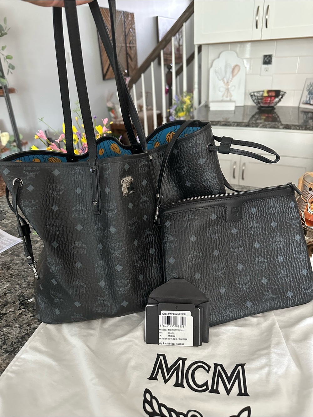 MCM Black Visetos Reversible Tote with Blue Interior and Matching Pouch